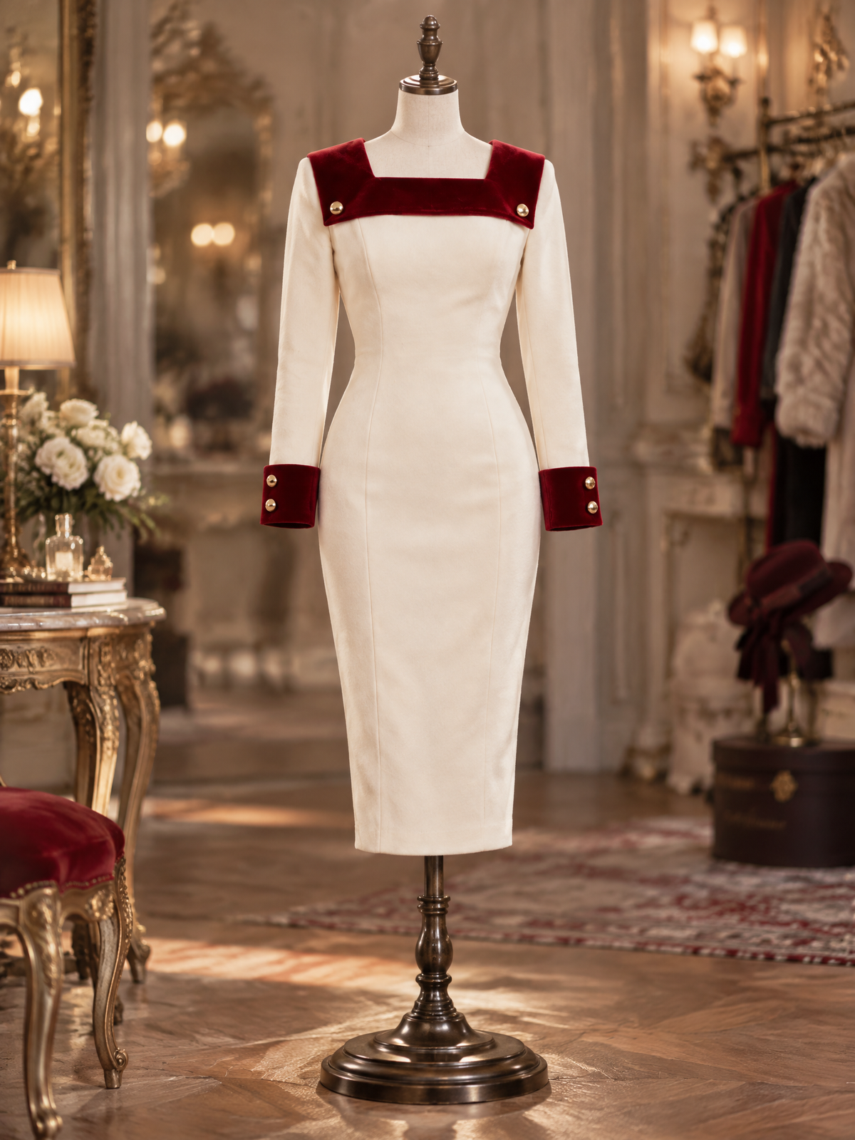 Vintage Xmas Red Velvet Trim Square Neck Fitted Midi Dress