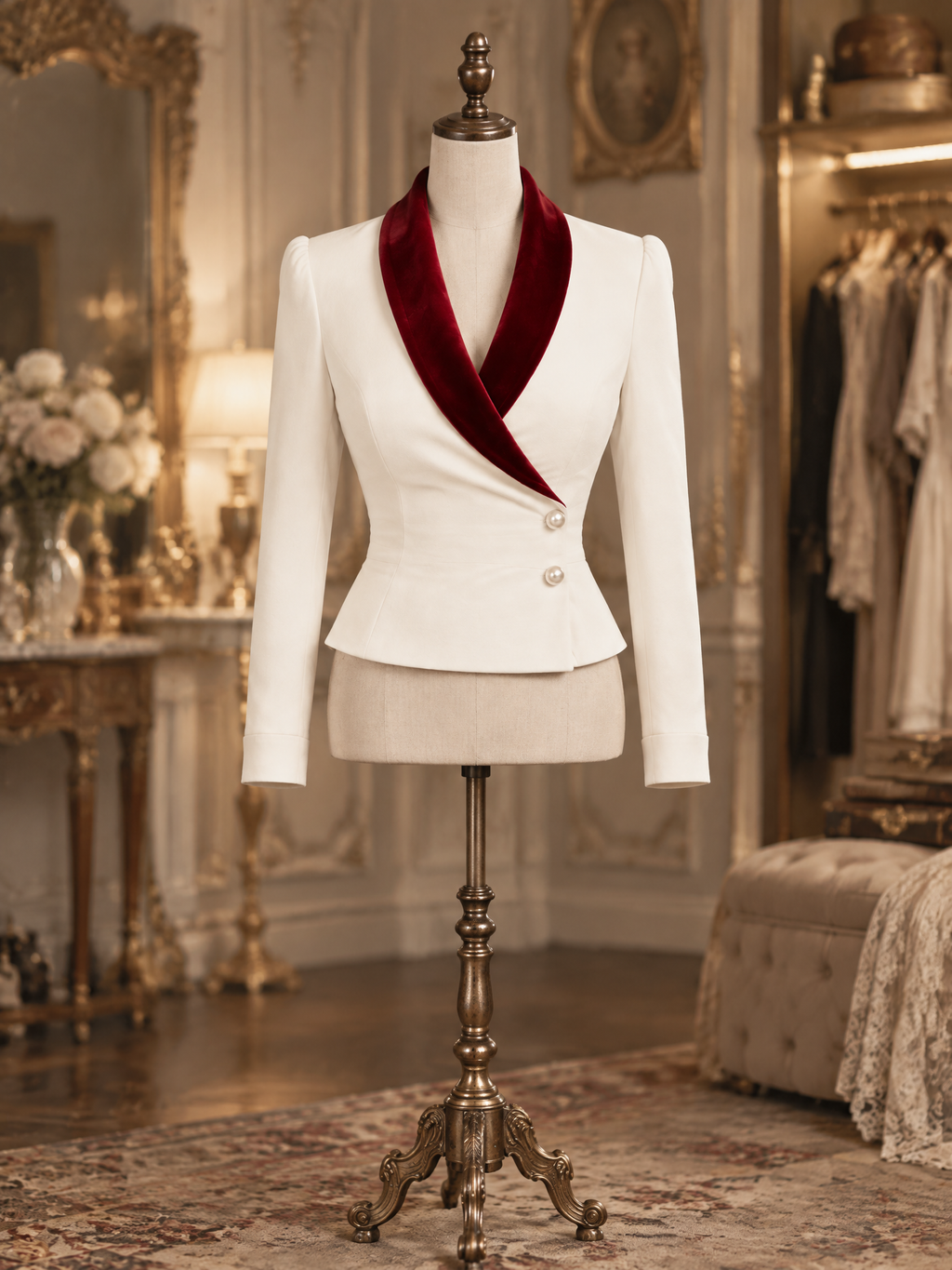 Vintage Xmas Red Velvet Shawl Lapel Pearl Button Peplum Blazer