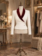 Vintage Xmas Red Velvet Shawl Lapel Pearl Button Peplum Blazer