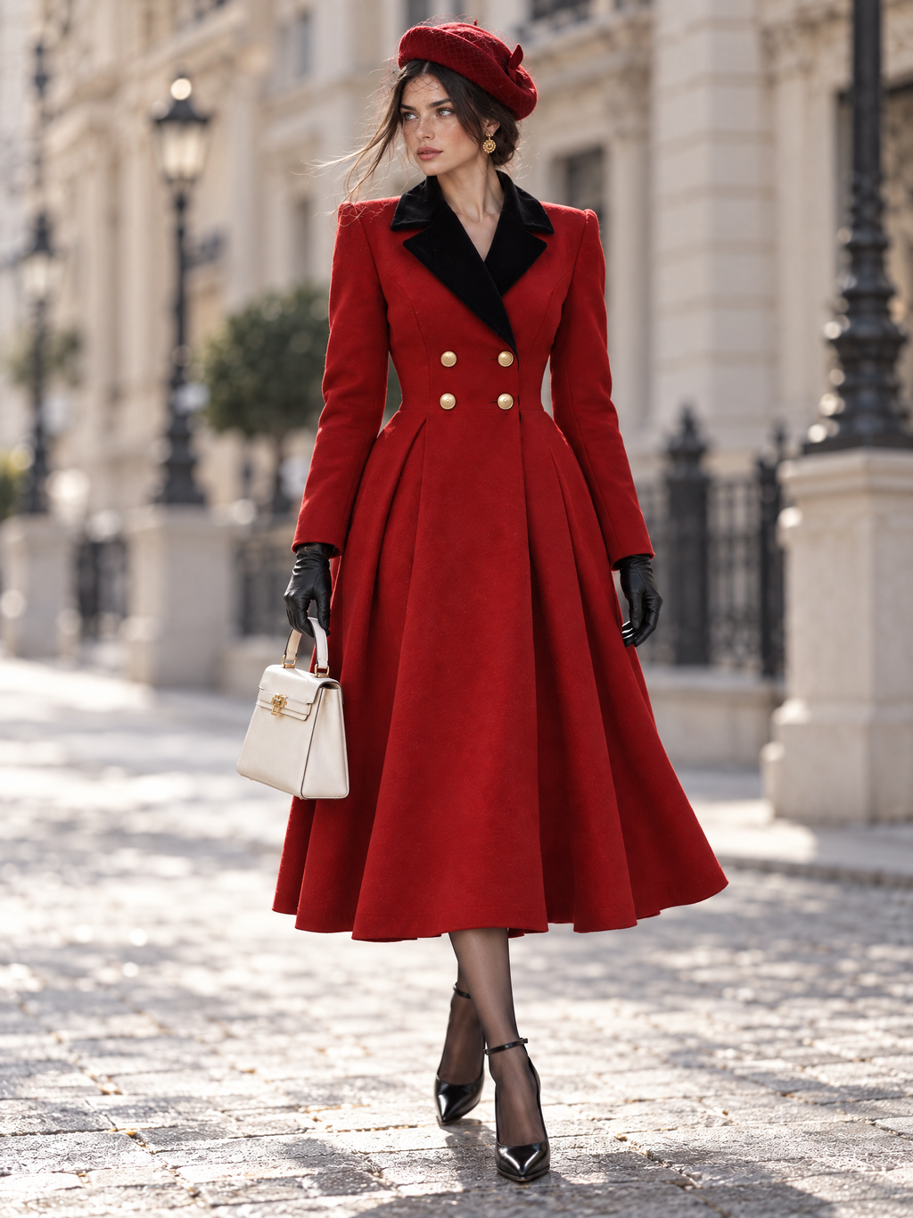 Vintage Xmas Red Wool Black Velvet Lapel Double Breasted Flare Midi Coat