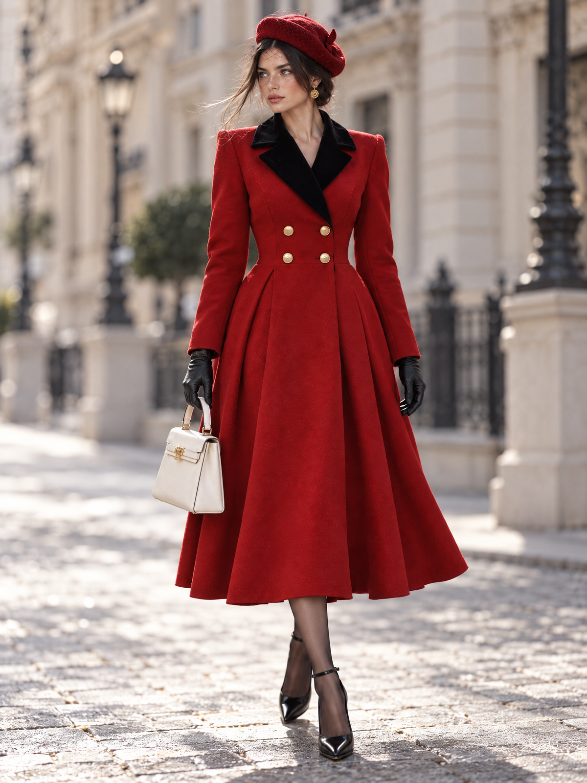 Vintage Xmas Red Wool Black Velvet Lapel Double Breasted Flare Midi Coat