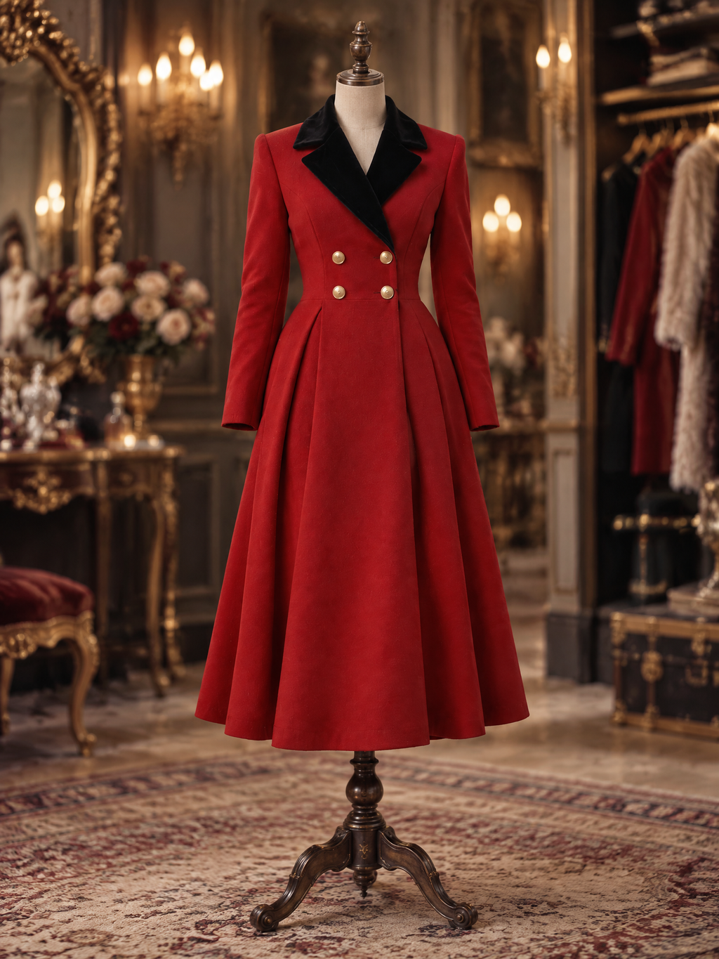 Vintage Xmas Red Wool Black Velvet Lapel Double Breasted Flare Midi Coat