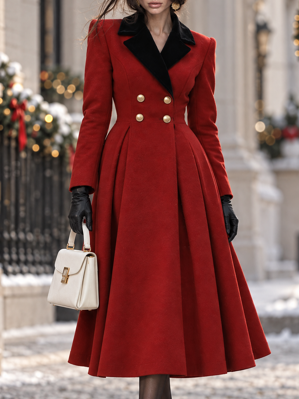 Vintage Xmas Red Wool Black Velvet Lapel Double Breasted Flare Midi Coat