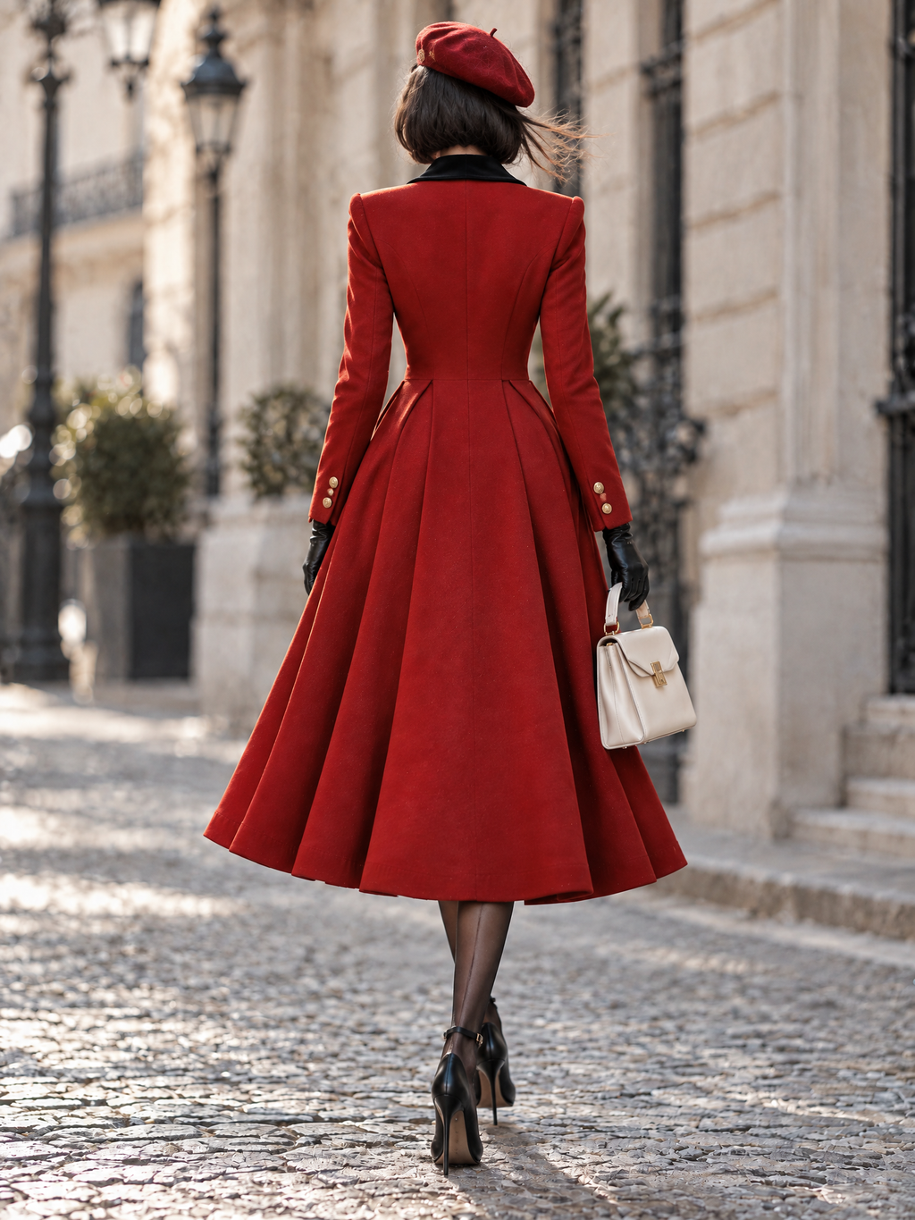 Vintage Xmas Red Wool Black Velvet Lapel Double Breasted Flare Midi Coat