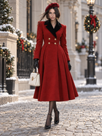 Vintage Xmas Red Wool Black Velvet Lapel Double Breasted Flare Midi Coat