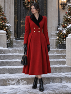 Vintage Xmas Red Wool Black Velvet Lapel Double Breasted Flare Midi Coat