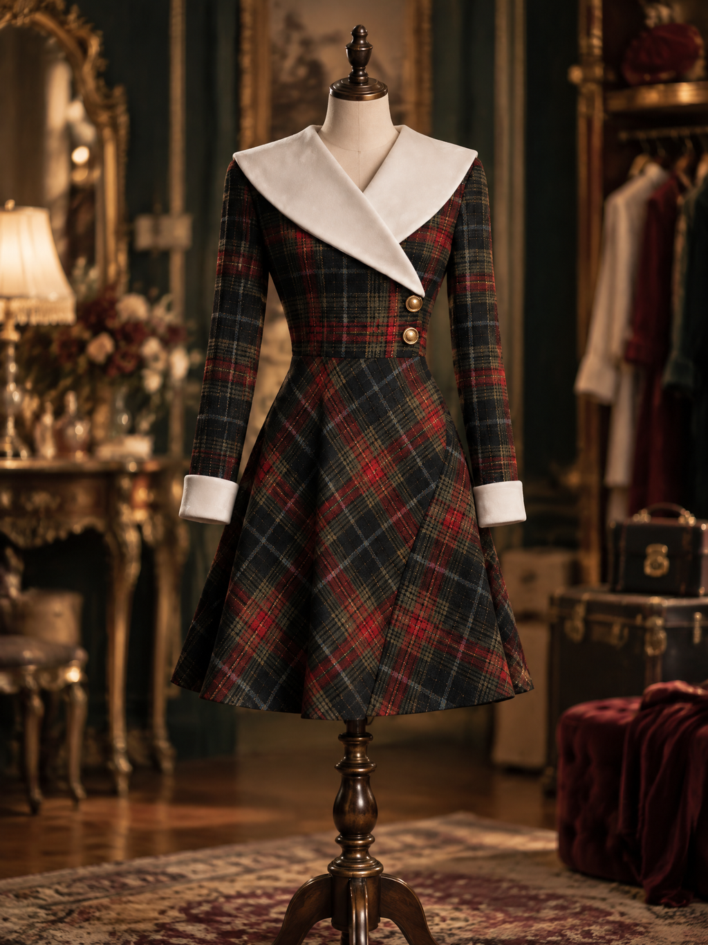 Vintage Xmas Tartan Faux Fur Lapel & Cuffs Party Mini Dress