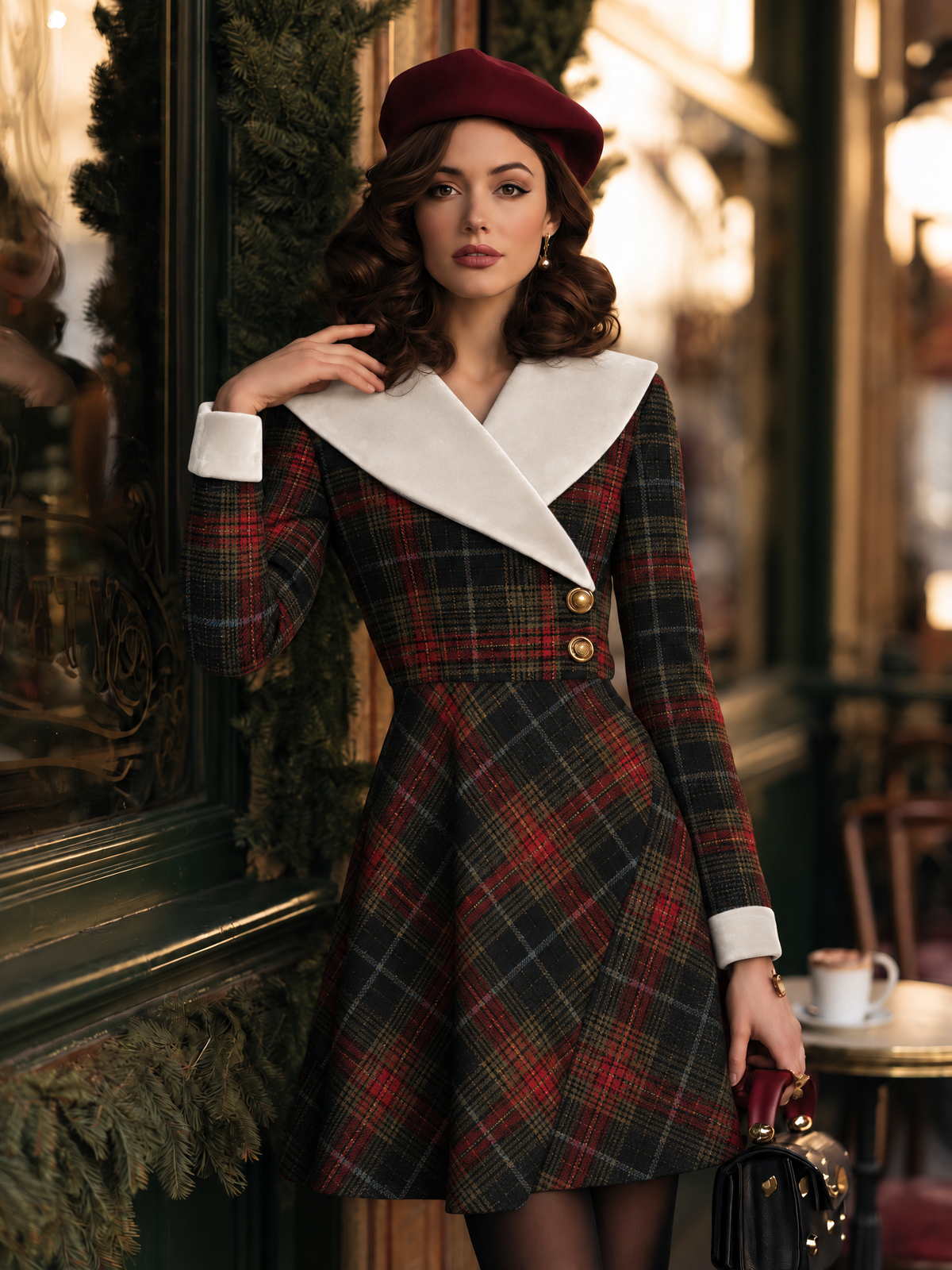Vintage Xmas Tartan Faux Fur Lapel & Cuffs Party Mini Dress