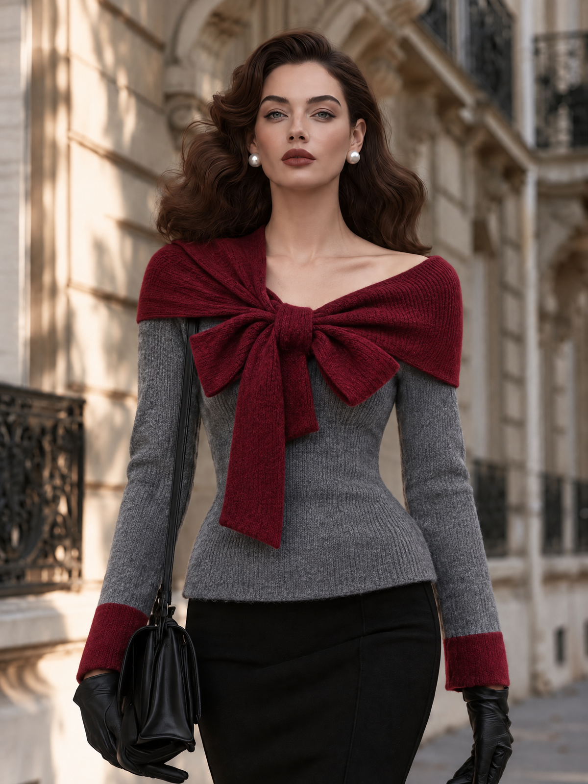 Vintage Color Block Bow Collar Knit Top