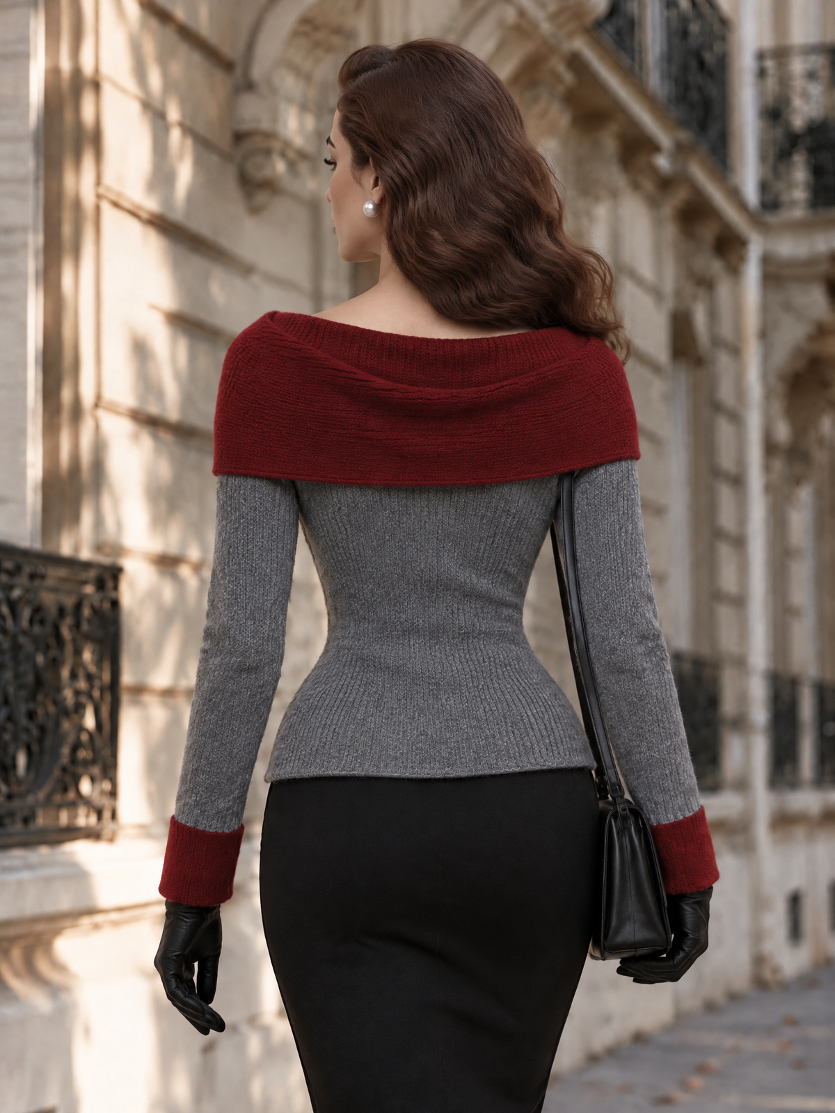 Vintage Color Block Bow Collar Knit Top
