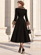 Vintage Leopard Fur Collar Midi Wool Coat