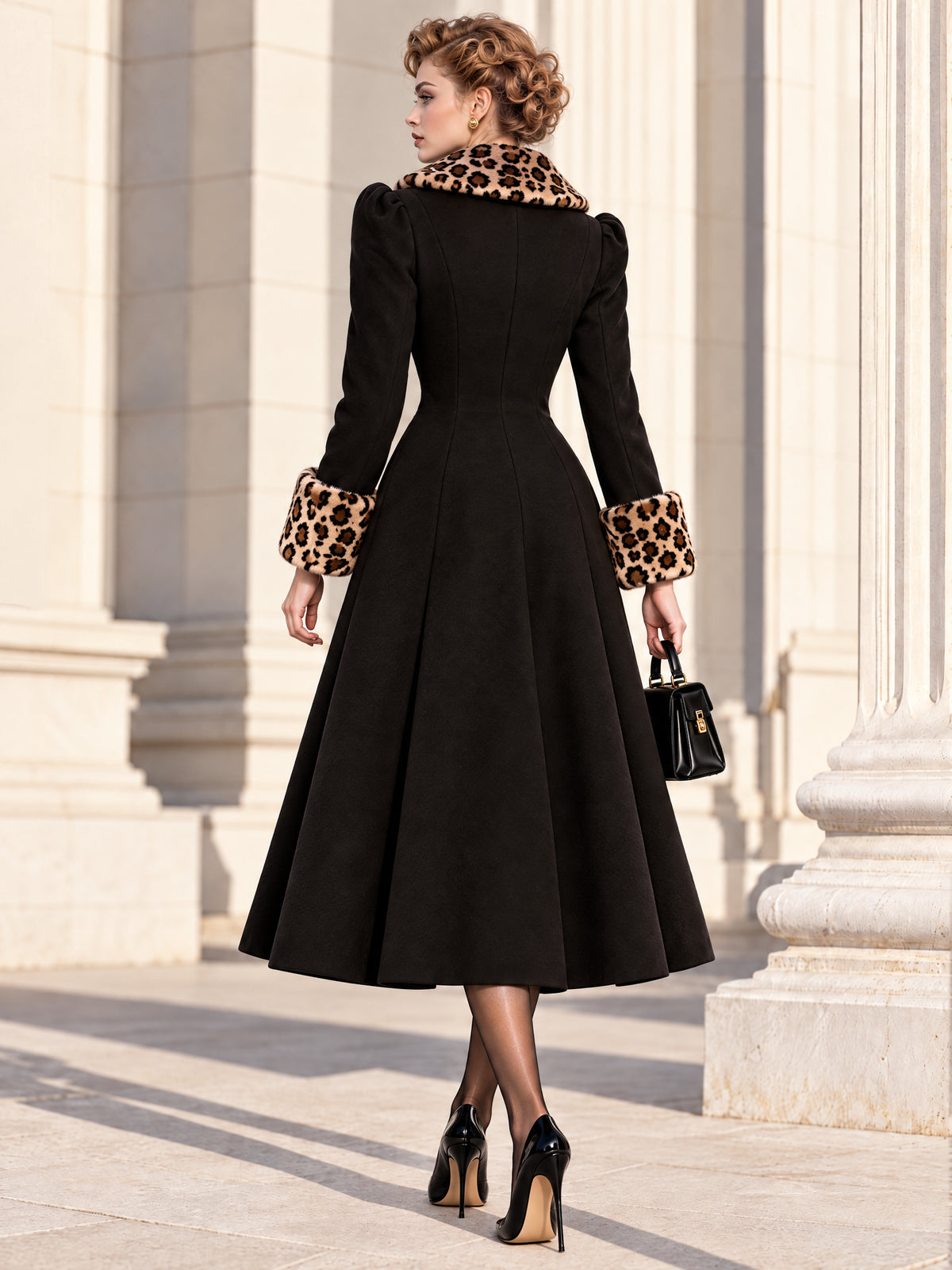 Vintage Leopard Fur Collar Midi Wool Coat