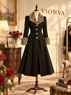 Vintage Leopard Fur Collar Midi Wool Coat