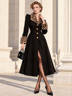 Vintage Leopard Fur Collar Midi Wool Coat