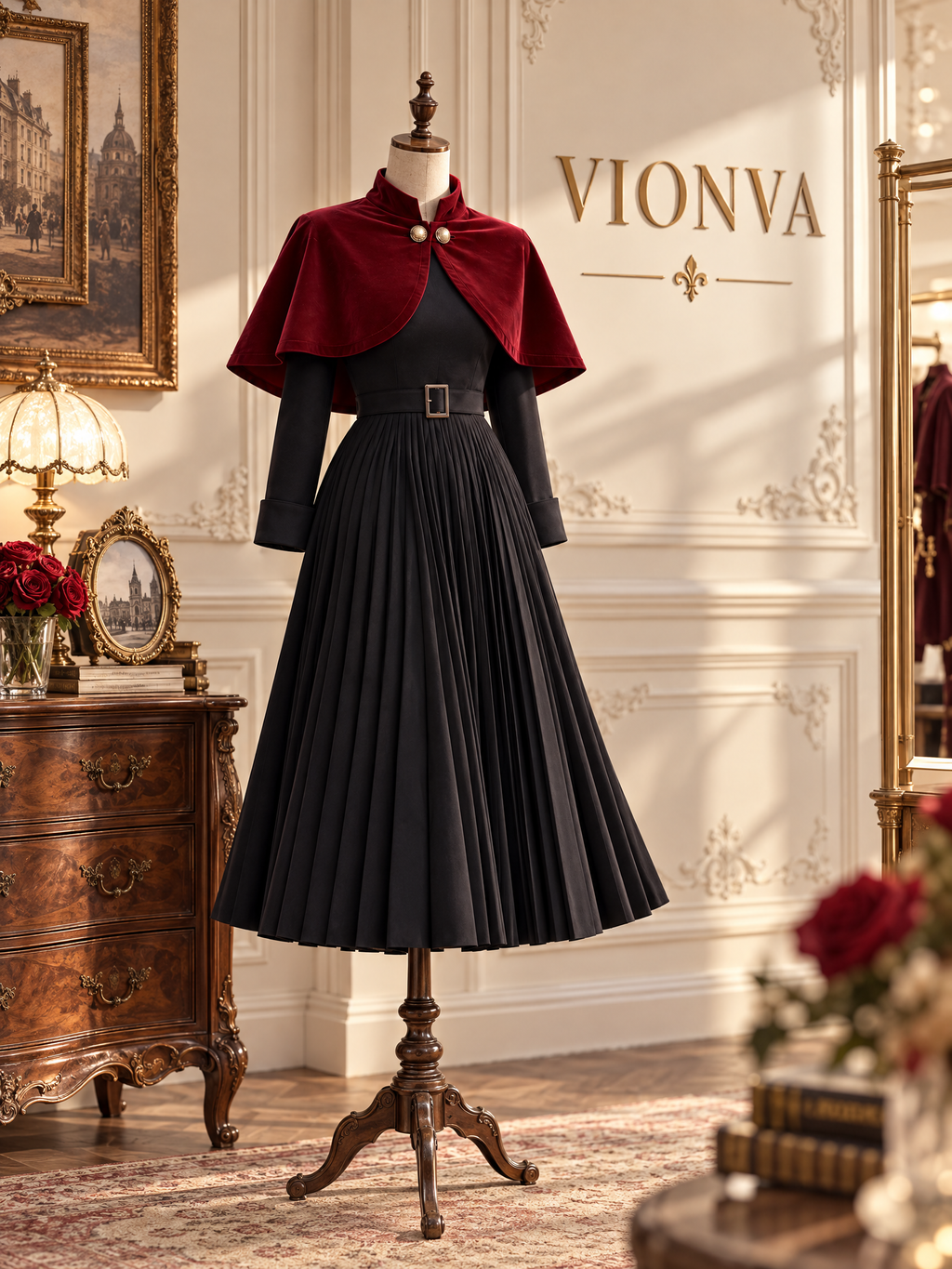 Vintage Two Piece Velvet Cape Midi Skirt Set