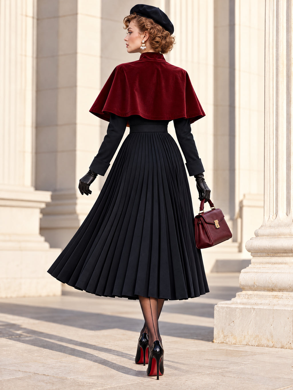 Vintage Two Piece Velvet Cape Midi Skirt Set