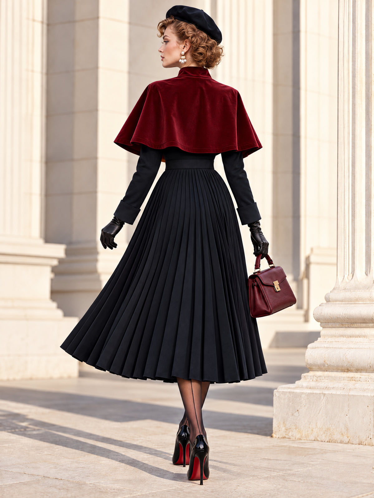 Vintage Two Piece Velvet Cape Midi Skirt Set