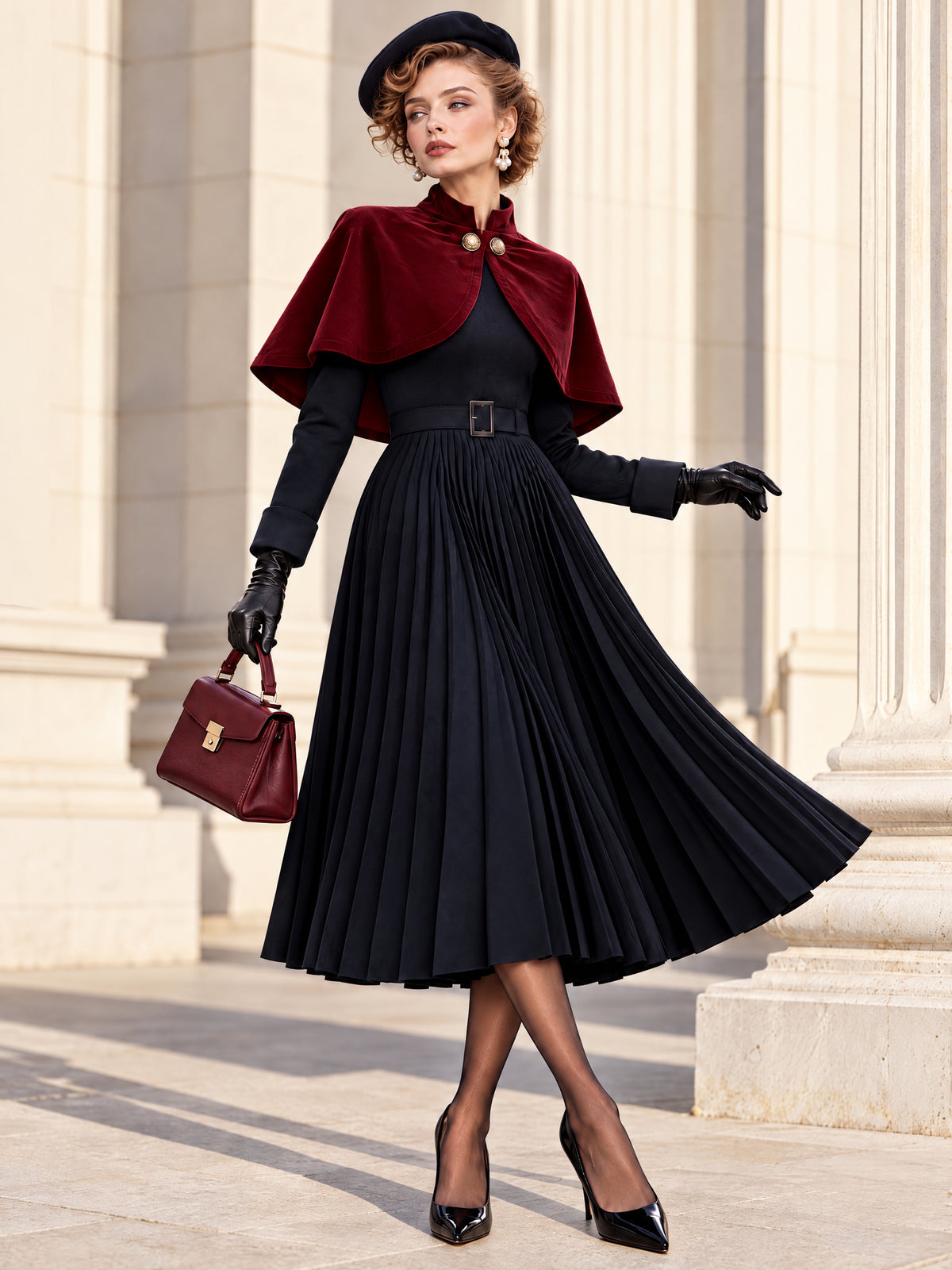 Vintage Two Piece Velvet Cape Midi Skirt Set