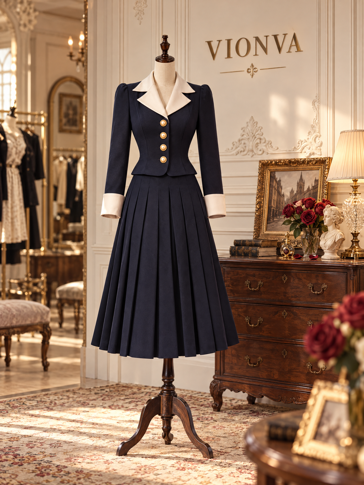 Vintage Classic Tailored Midi Pleated Suit