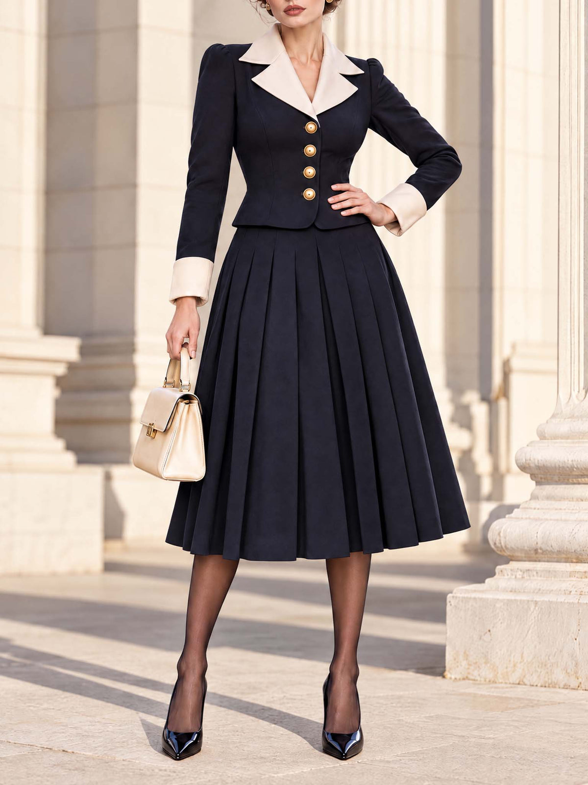 Vintage Classic Tailored Midi Pleated Suit