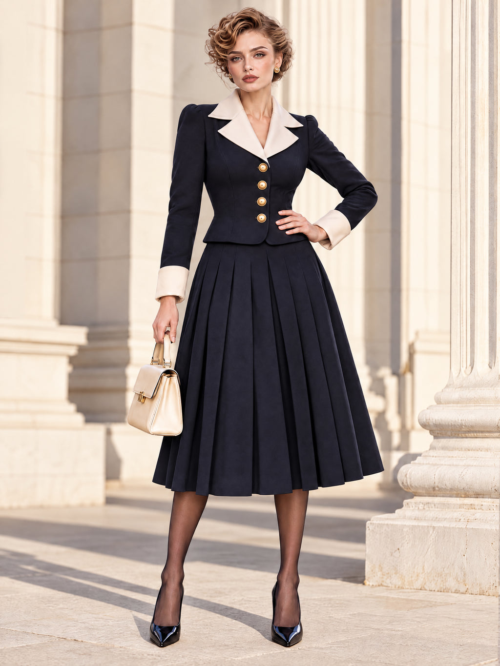 Vintage Classic Tailored Midi Pleated Suit