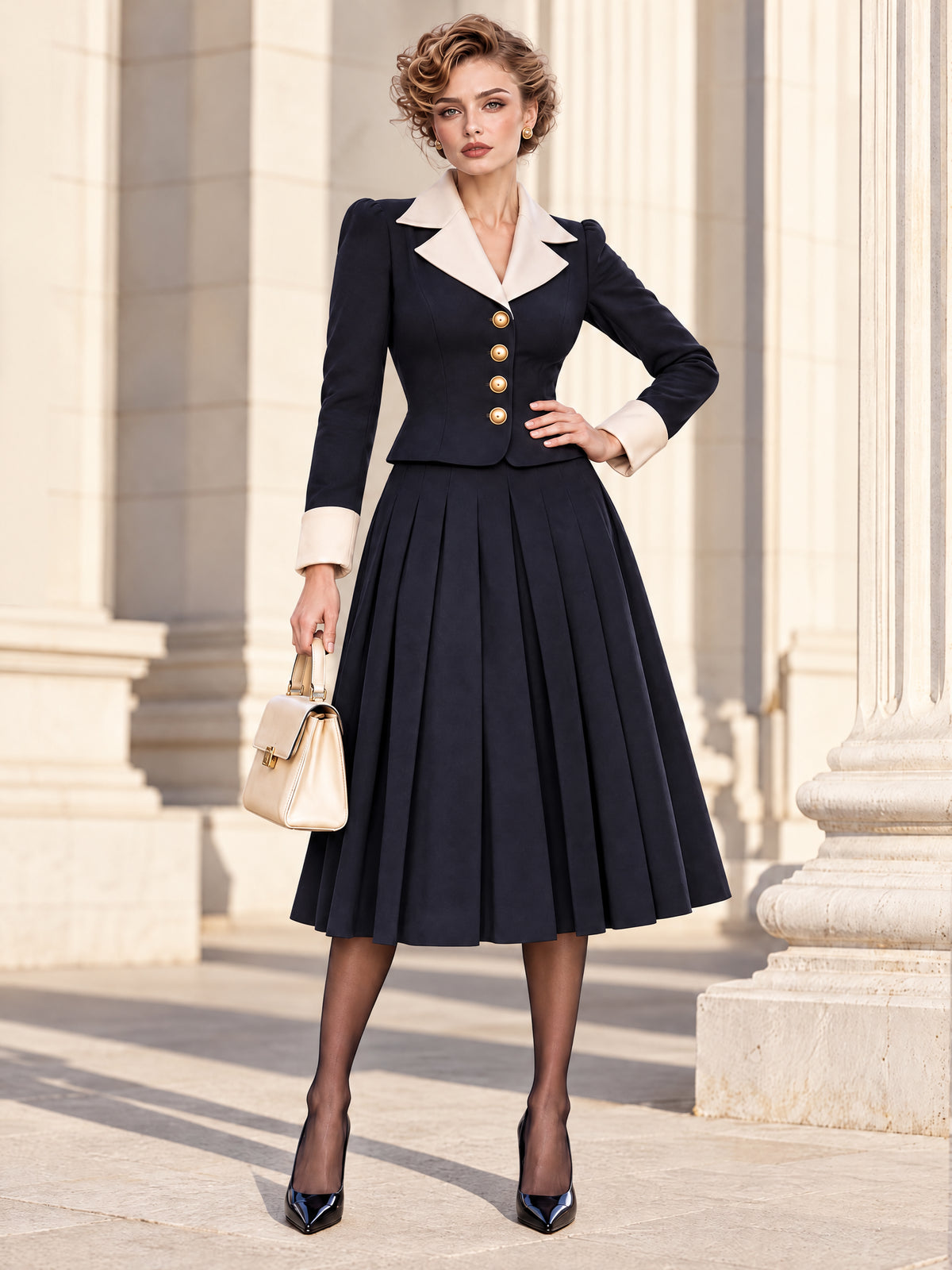 Vintage Classic Tailored Midi Pleated Suit