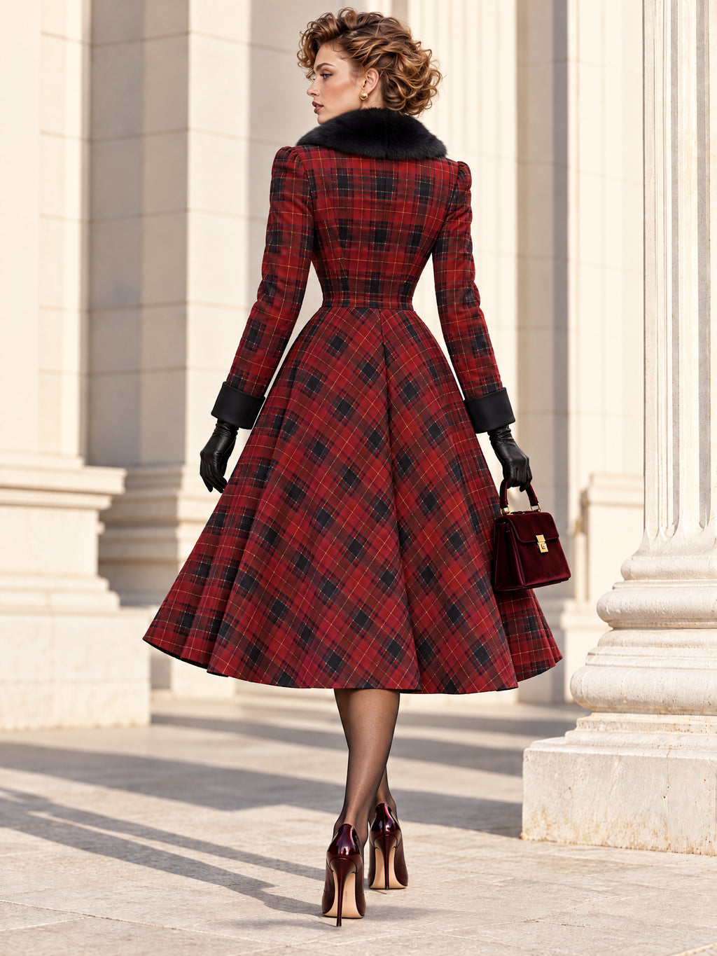 Vintage Midi Red Plaid Fur Collar Dress