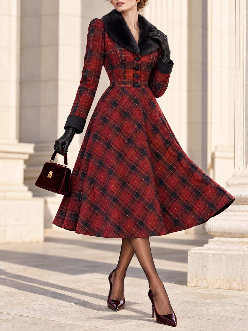 Vintage Midi Red Plaid Fur Collar Dress
