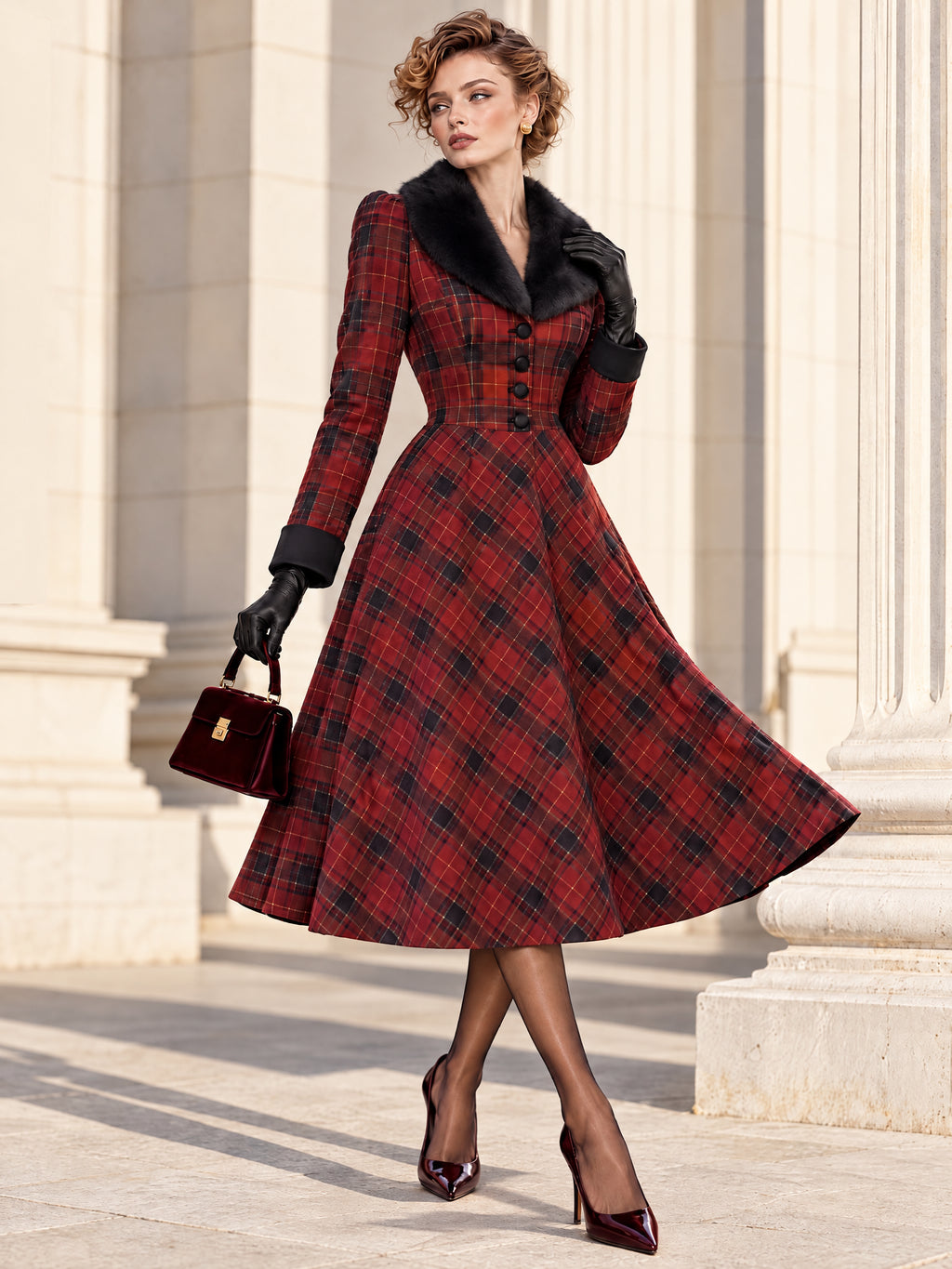 Vintage Midi Red Plaid Fur Collar Dress