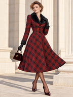 Vintage Midi Red Plaid Fur Collar Dress