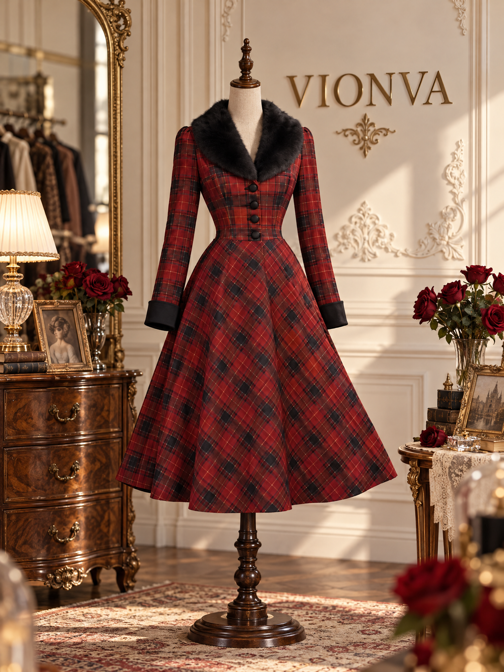 Vintage Midi Red Plaid Fur Collar Dress