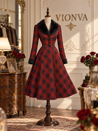 Vintage Midi Red Plaid Fur Collar Dress