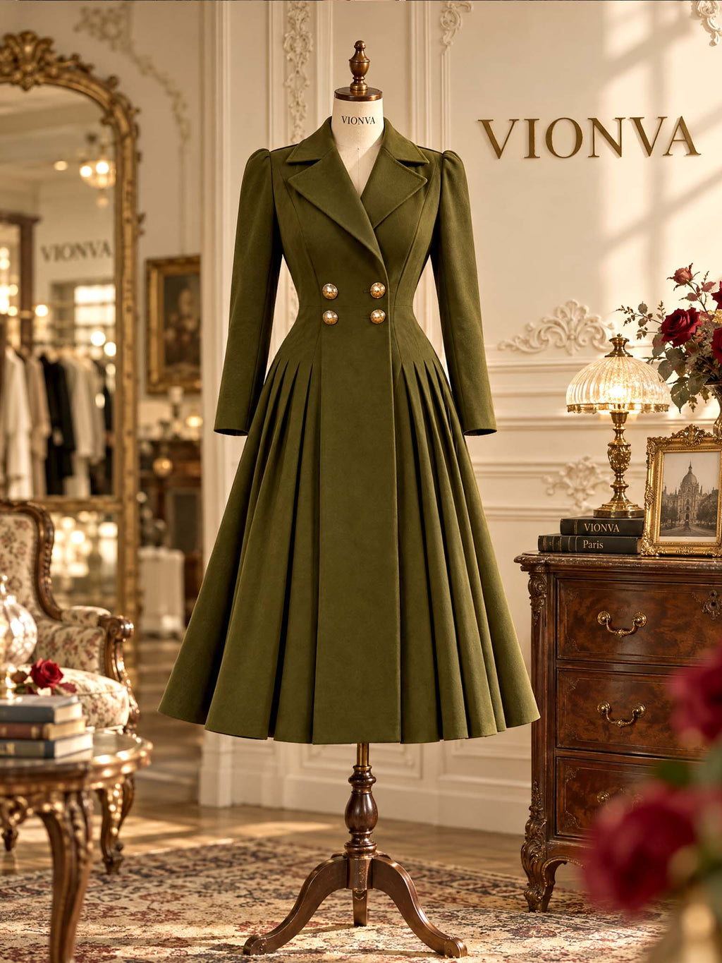Vintage Midi Tailored Pleated Coat Dress