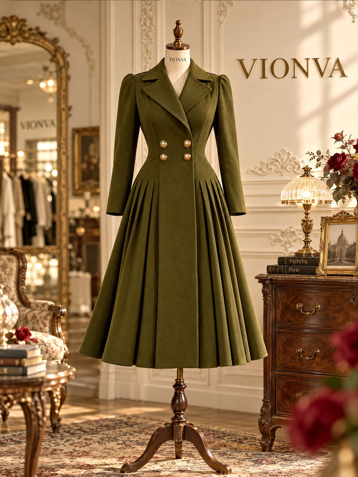 Vintage Midi Tailored Pleated Coat Dress