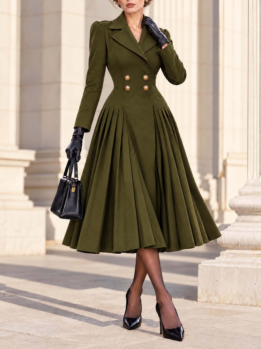 Vintage Midi Tailored Pleated Coat Dress