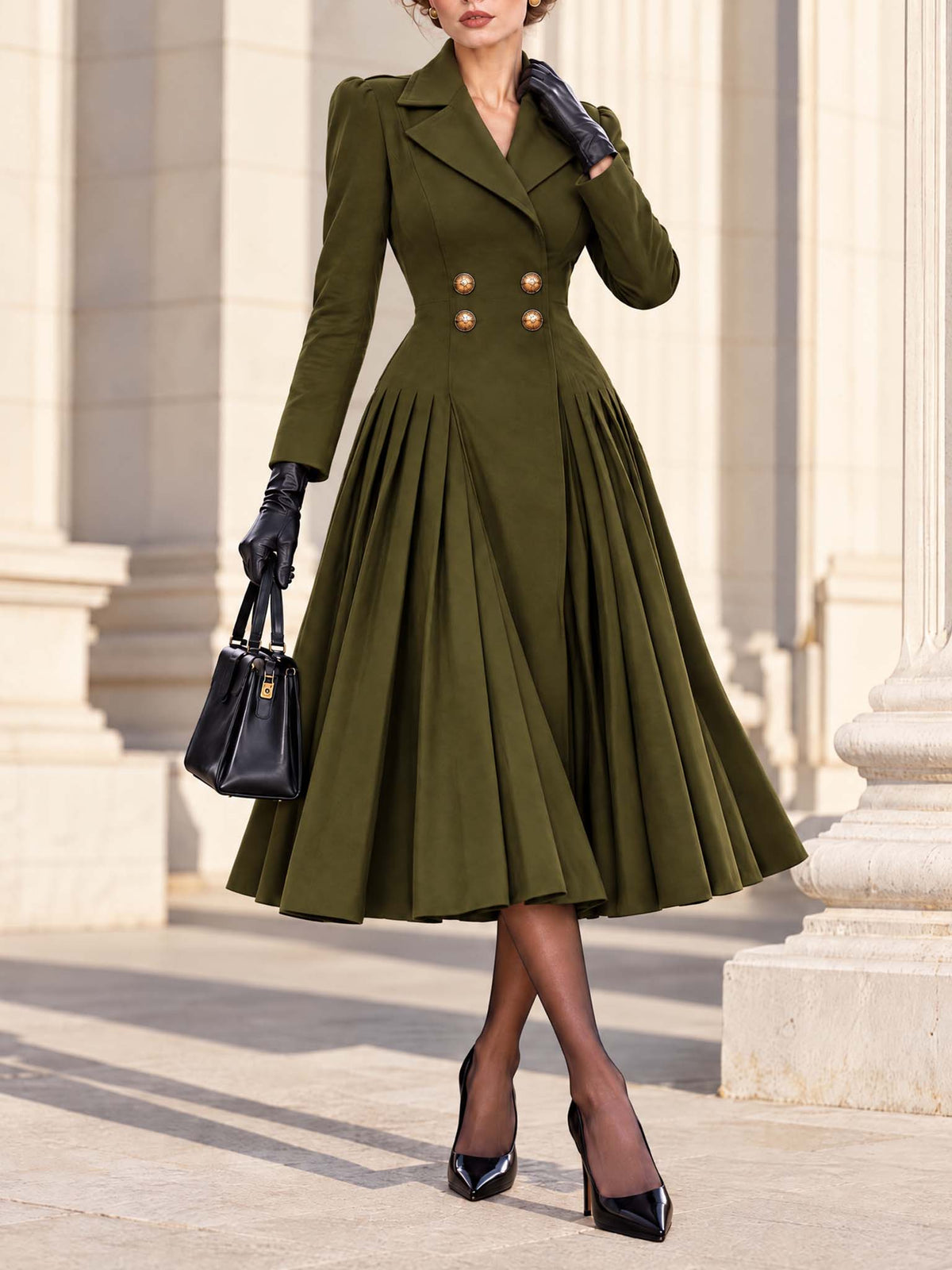 Vintage Midi Tailored Pleated Coat Dress