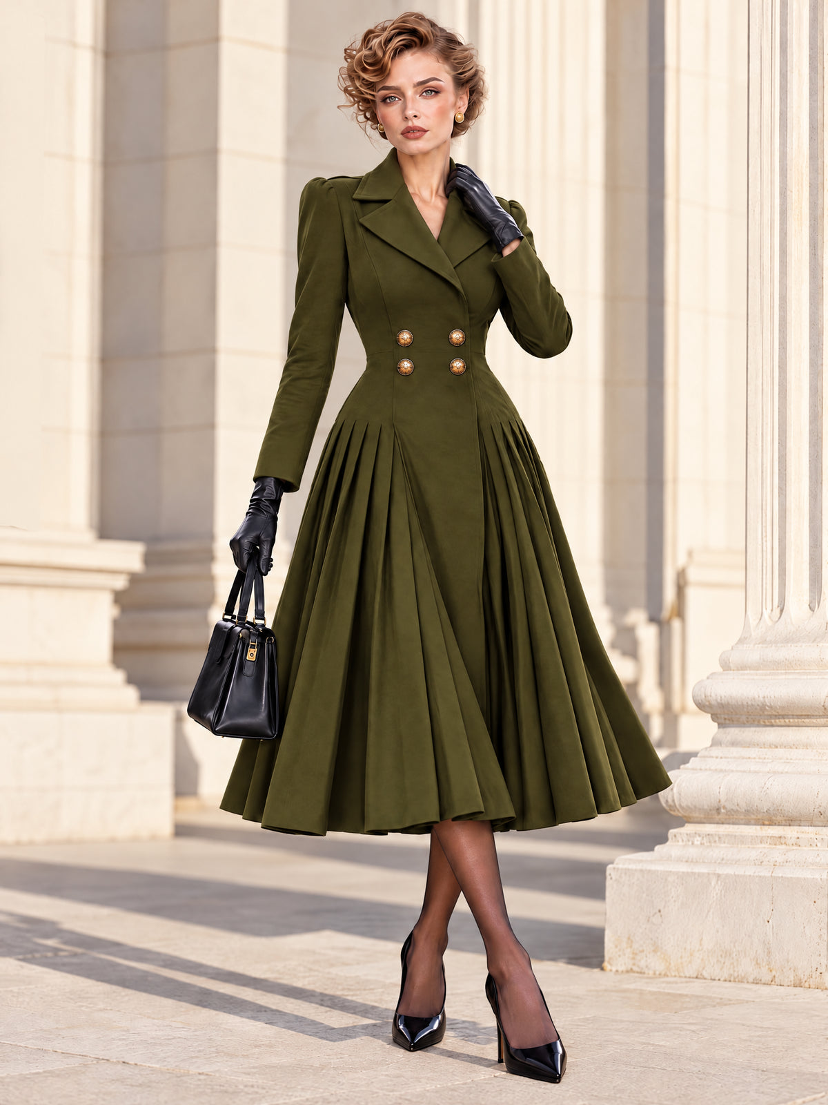 Vintage Midi Tailored Pleated Coat Dress