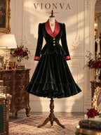 Vintage Red Satin Lapel Velvet Peplum Coat