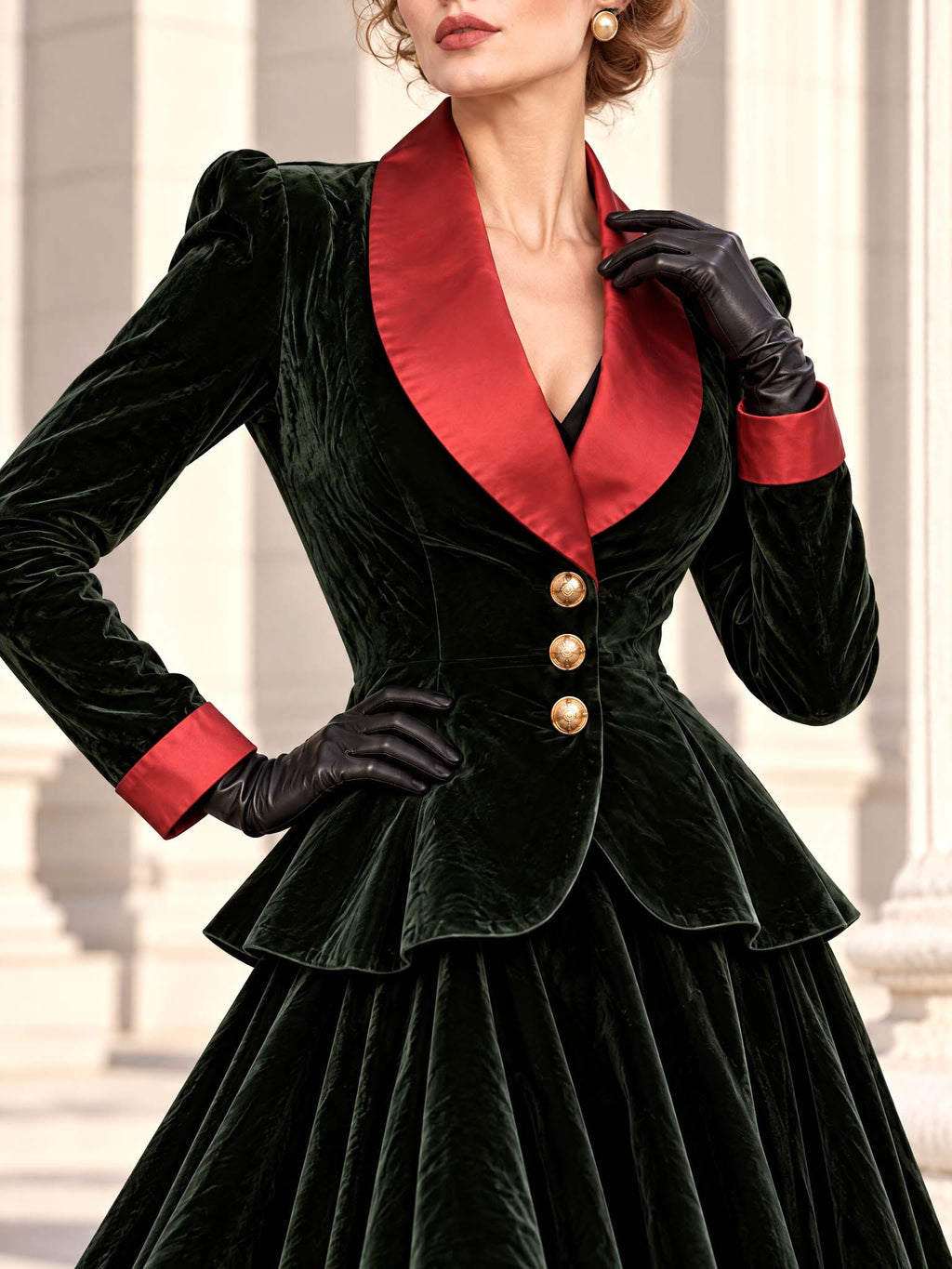 Vintage Red Satin Lapel Velvet Peplum Coat