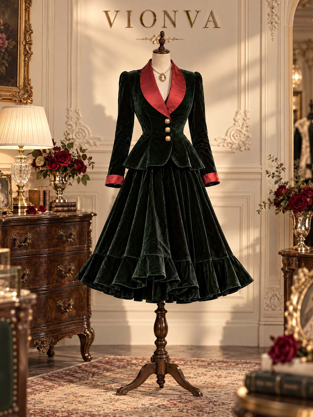 Vintage Victorian Velvet Ruffle Midi Skirt