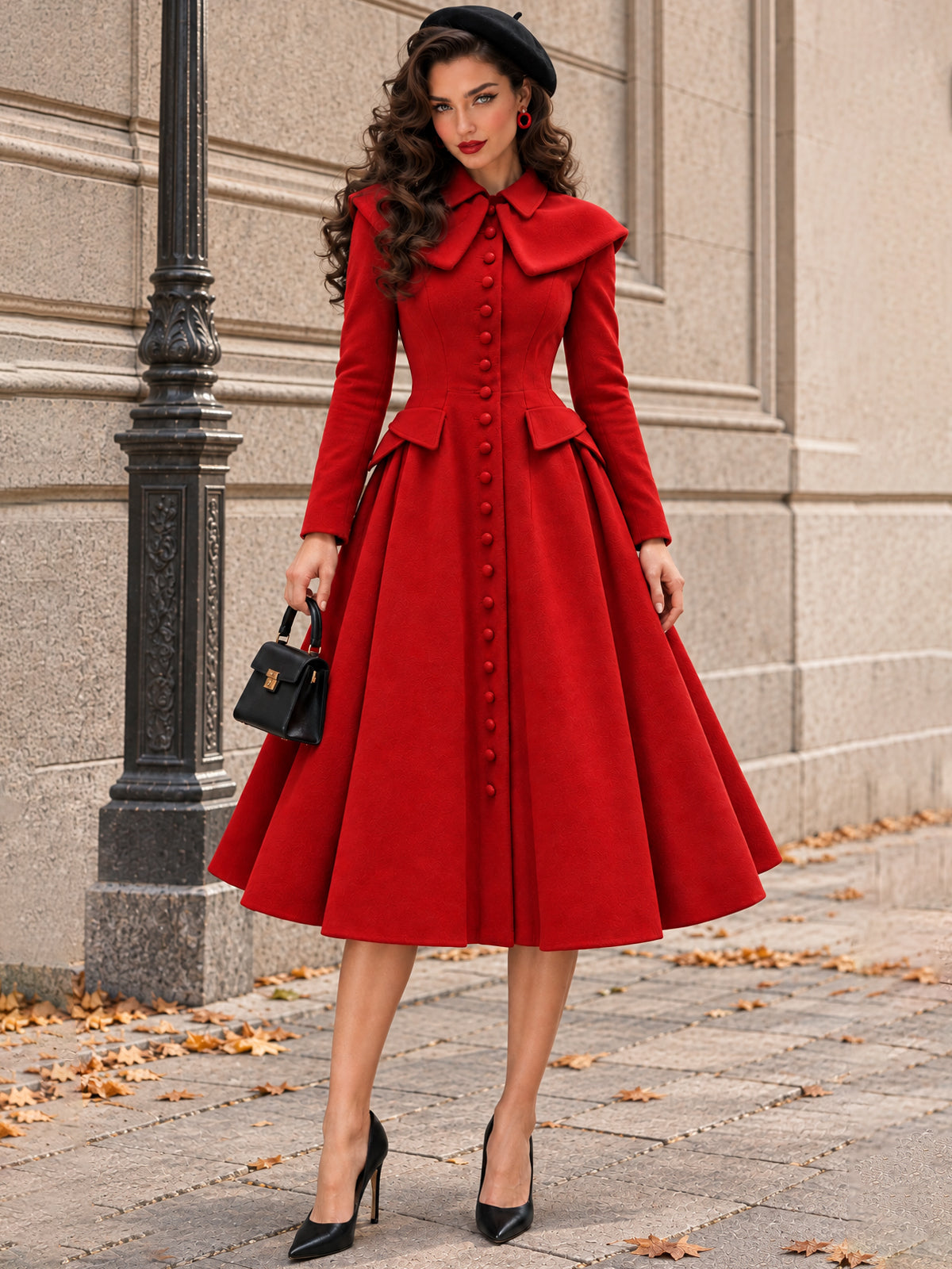 Vintage Red Cape Collar Flared Coat