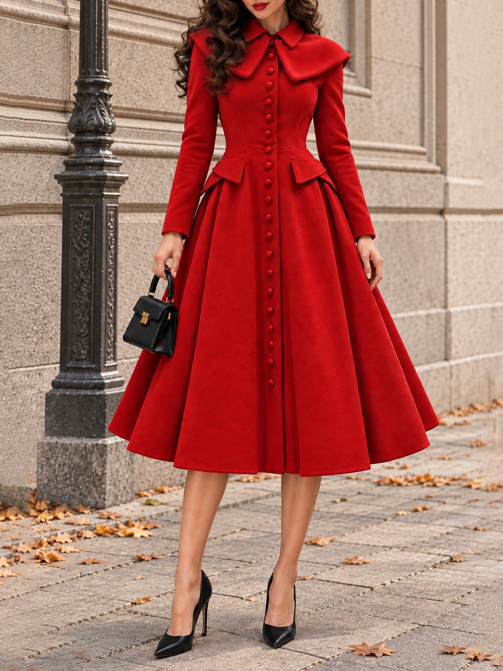 Vintage Red Cape Collar Flared Coat