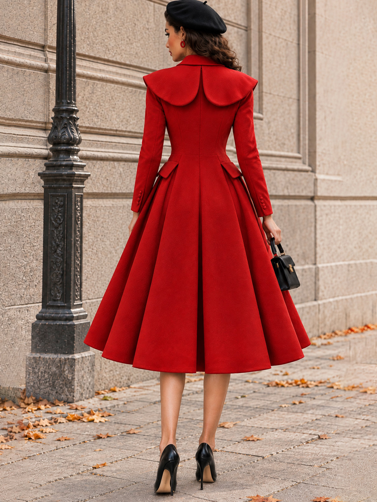 Vintage Red Cape Collar Flared Coat