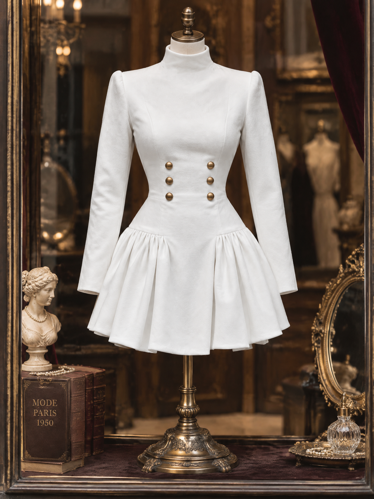 Vintage Double Breasted Turtleneck Gathered Mini Dress