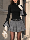 Vintage Plaid Panel Turtleneck Knit Mini Dress