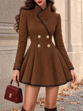 Vintage Brown Contrast Trim Fit-and-Flare Dress