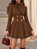 Vintage Brown Contrast Trim Fit-and-Flare Dress