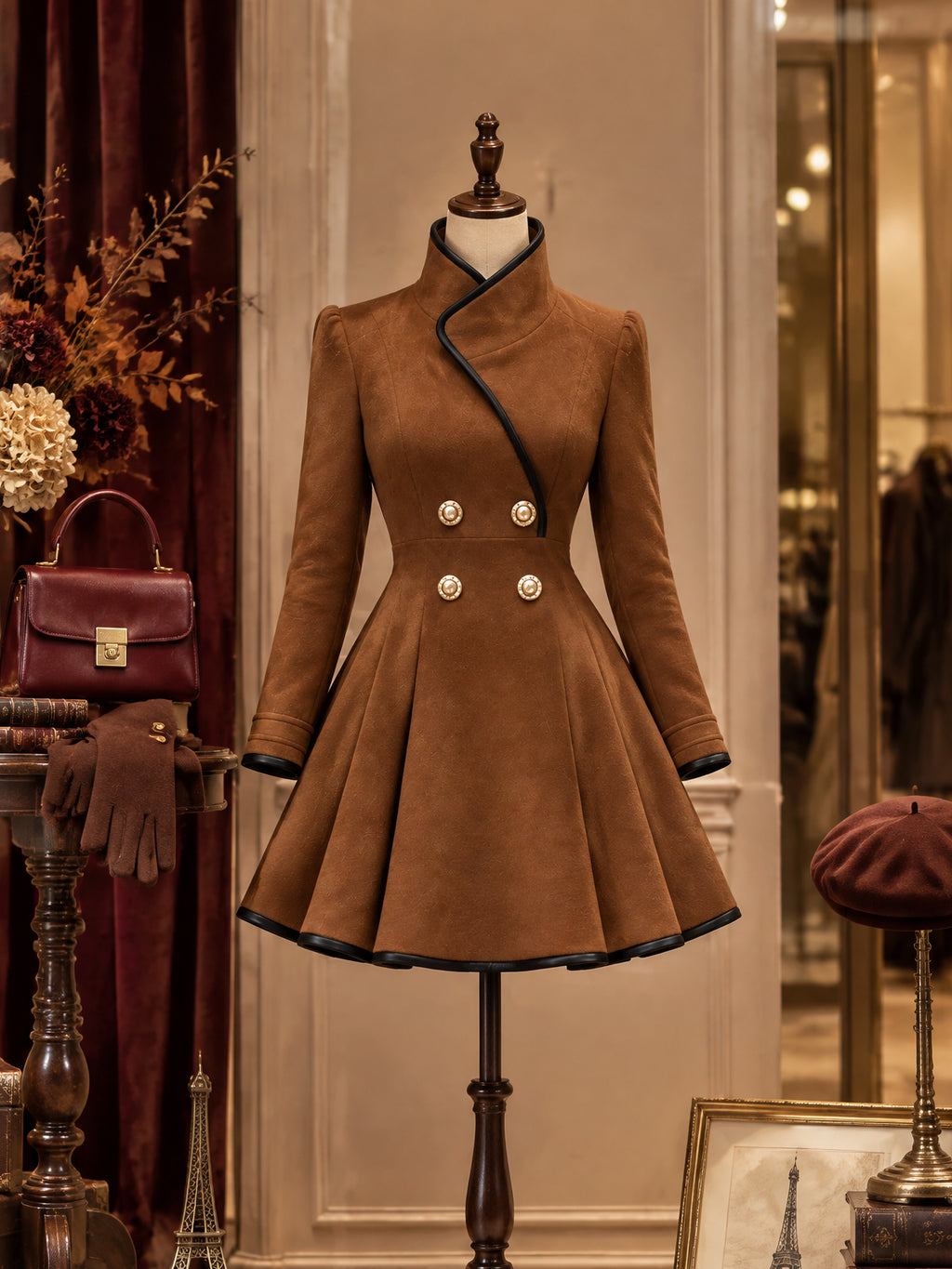 Vintage Brown Contrast Trim Fit-and-Flare Dress