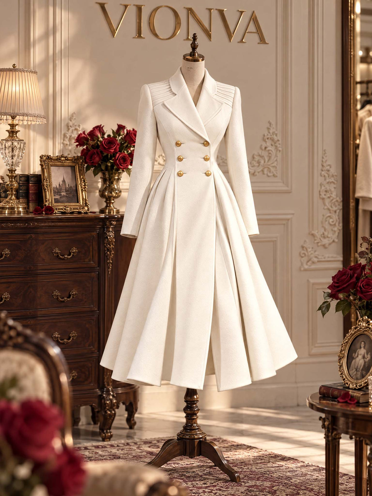 Vintage Shoulder Tuck Double Breasted Midi Coat