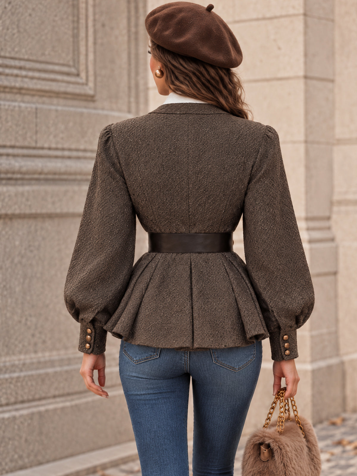 Vintage Brown Tweed Belted Peplum Jacket